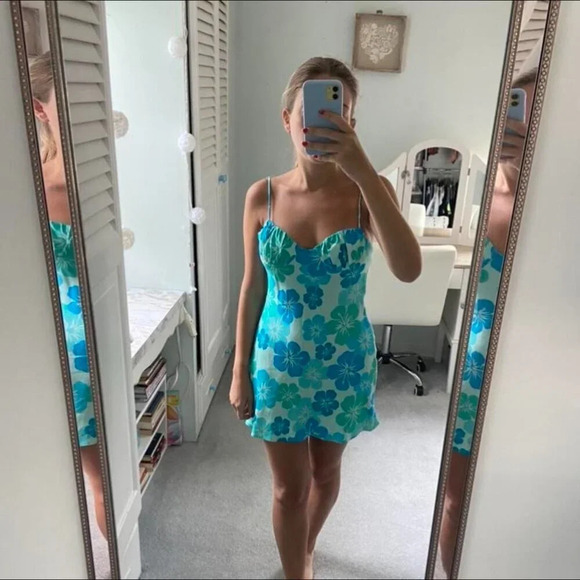 Zara Aloha Hawaiian Floral Satin Effect Bustier Mini Dress Blue Teal Size Medium - Picture 6 of 14